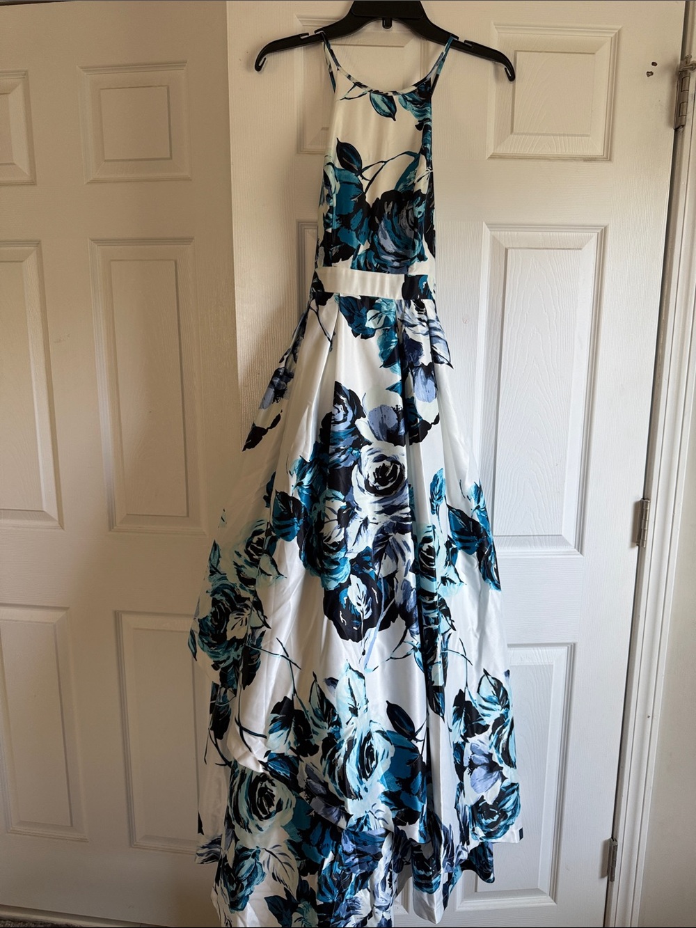 Xtraordinary White Halter Dress with Blue & Black Floral Print